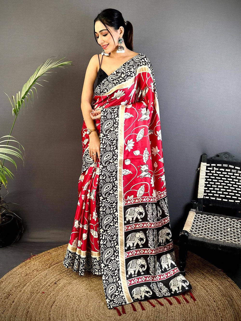 Red & Black Printed Silk Saree with Elephant Motif Border & Tassel Pallu