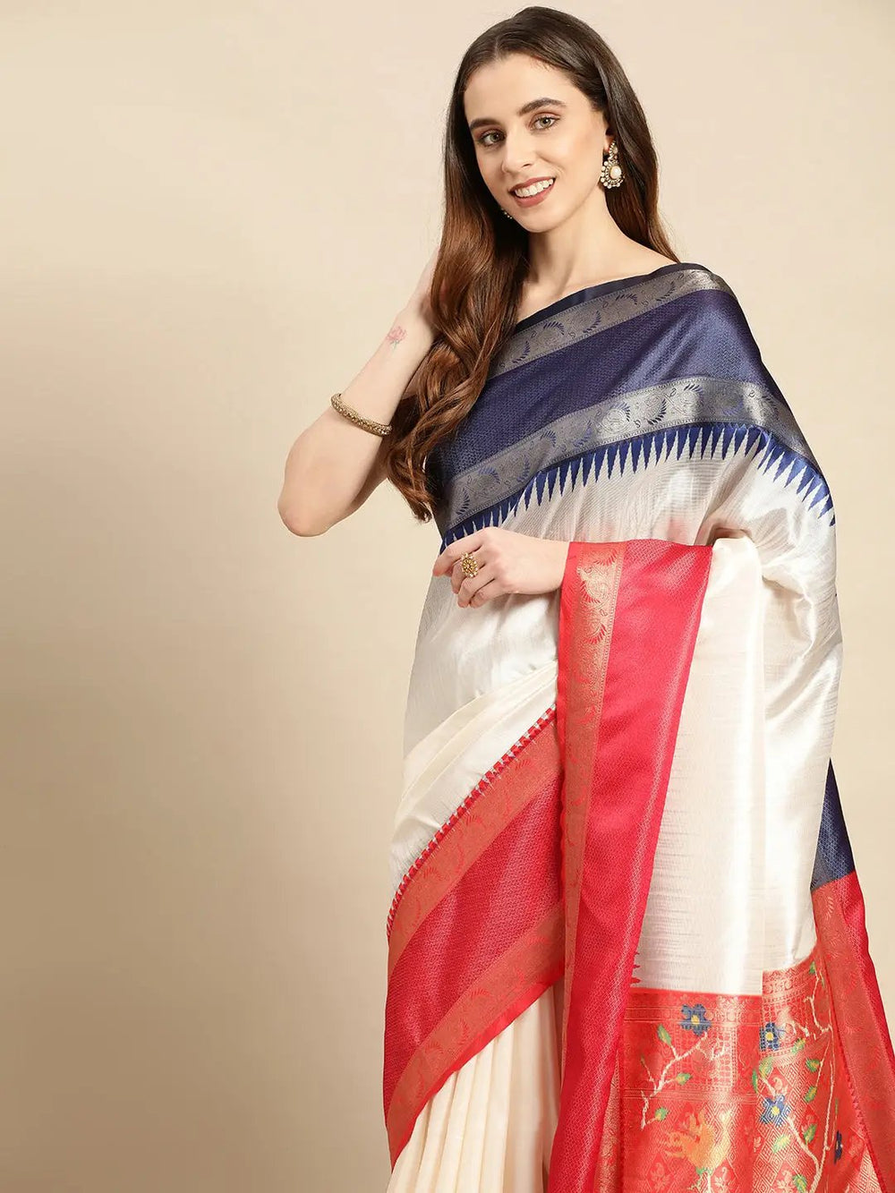 White & Navy Blue Banarasi Silk Saree with Red Zari Border & Tassel Pallu