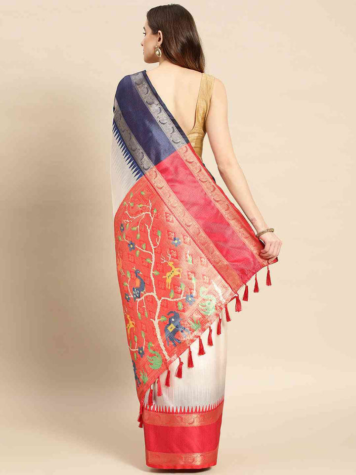 White & Navy Blue Banarasi Silk Saree with Red Zari Border & Tassel Pallu