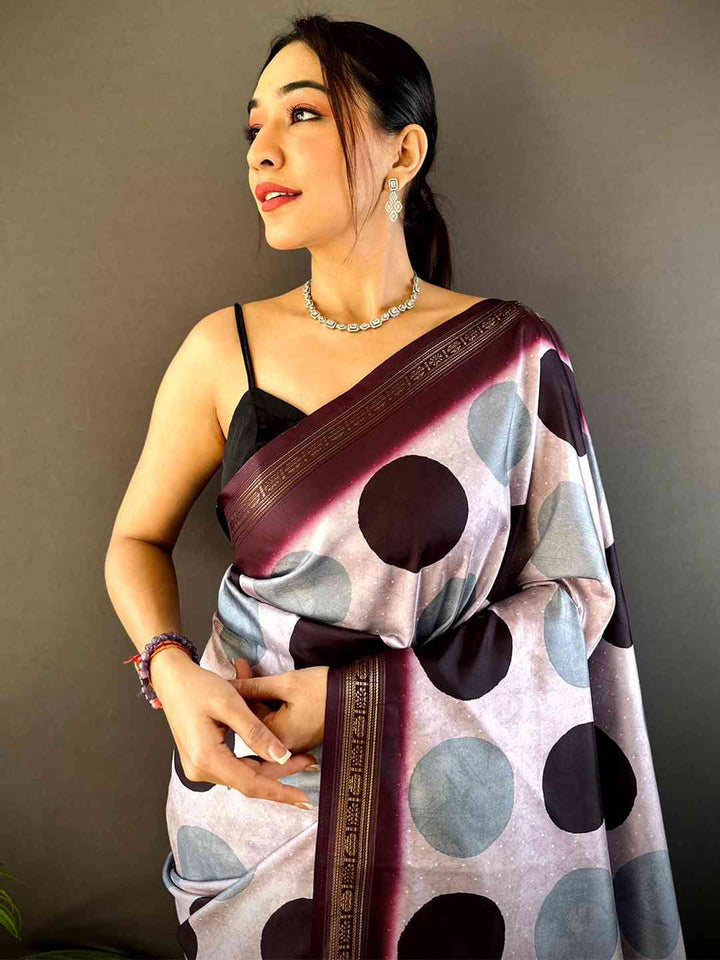 Grey & Maroon Polka Dot Soft Silk Saree with Designer Kalamkari Style Pallu
