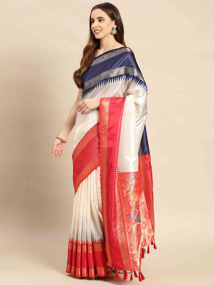 White & Navy Blue Banarasi Silk Saree with Red Zari Border & Tassel Pallu
