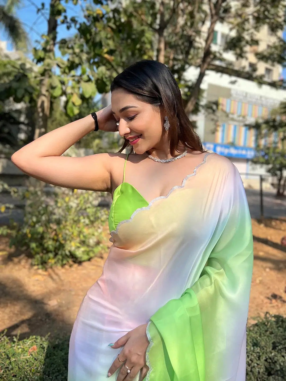 Pastel Green & White Ombre Organza Saree with Scallop Border