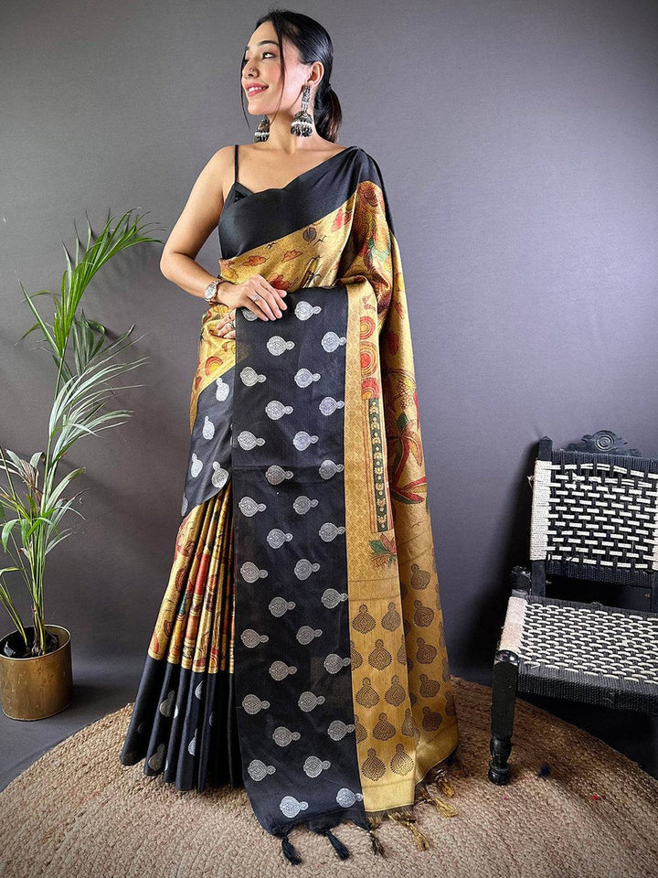 Black & Gold Banarasi Silk Saree with Woven Silver Motifs & Rich Artistic Pallu