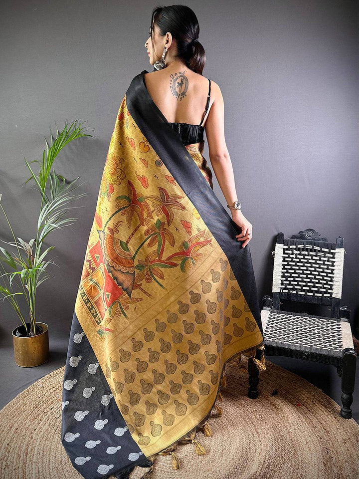 Black & Gold Banarasi Silk Saree with Woven Silver Motifs & Rich Artistic Pallu