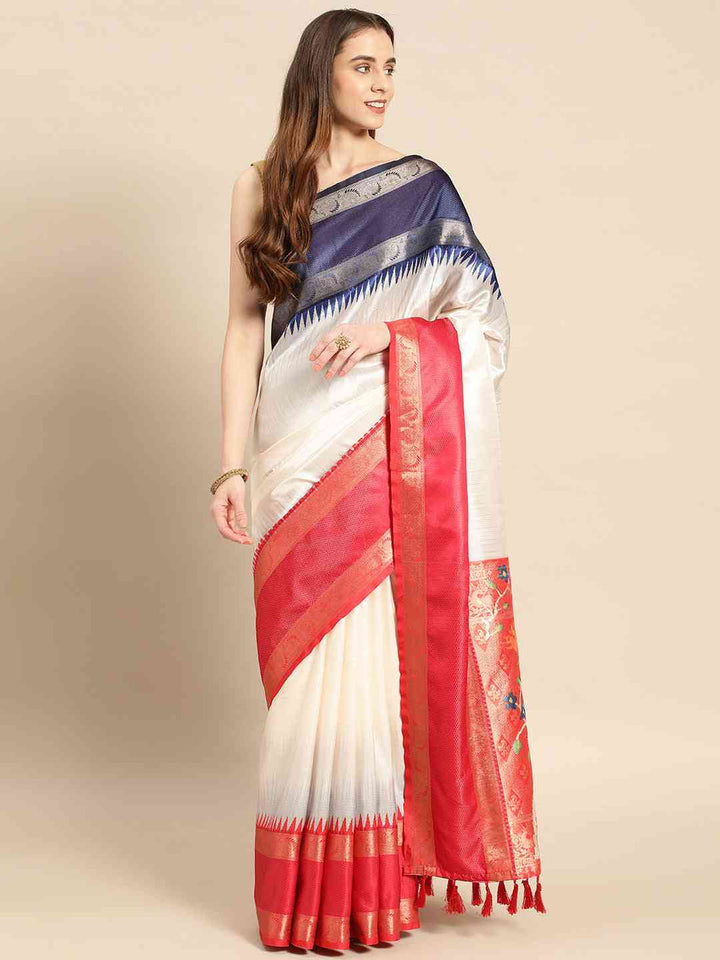 White & Navy Blue Banarasi Silk Saree with Red Zari Border & Tassel Pallu