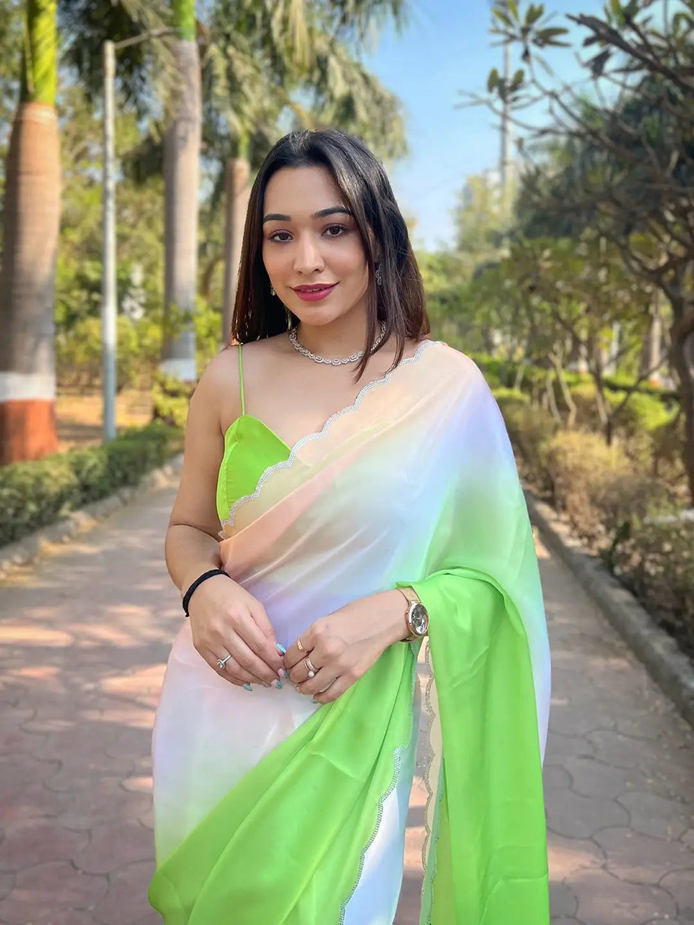 Pastel Green & White Ombre Organza Saree with Scallop Border