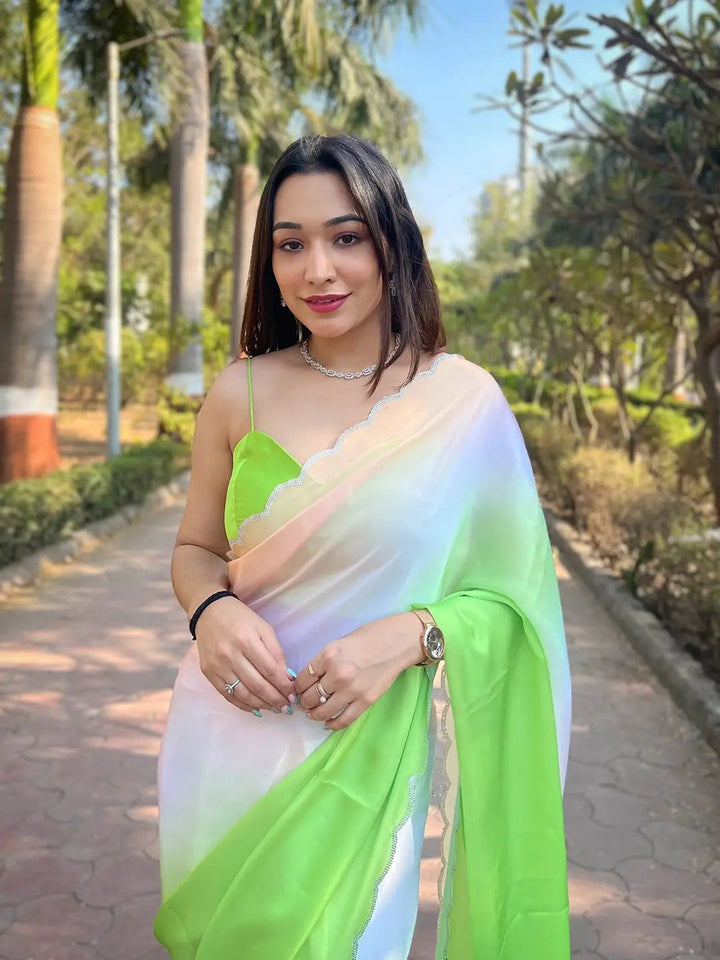 Pastel Green & White Ombre Organza Saree with Scallop Border