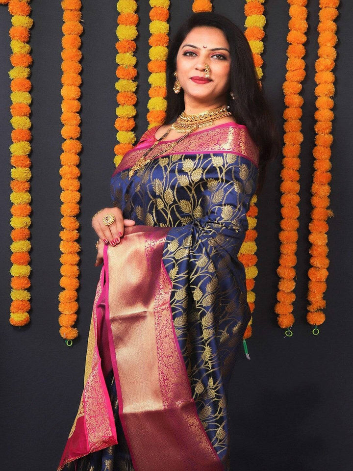 Navy Blue & Pink Banarasi Silk Saree with Rich Gold Zari Weaving
