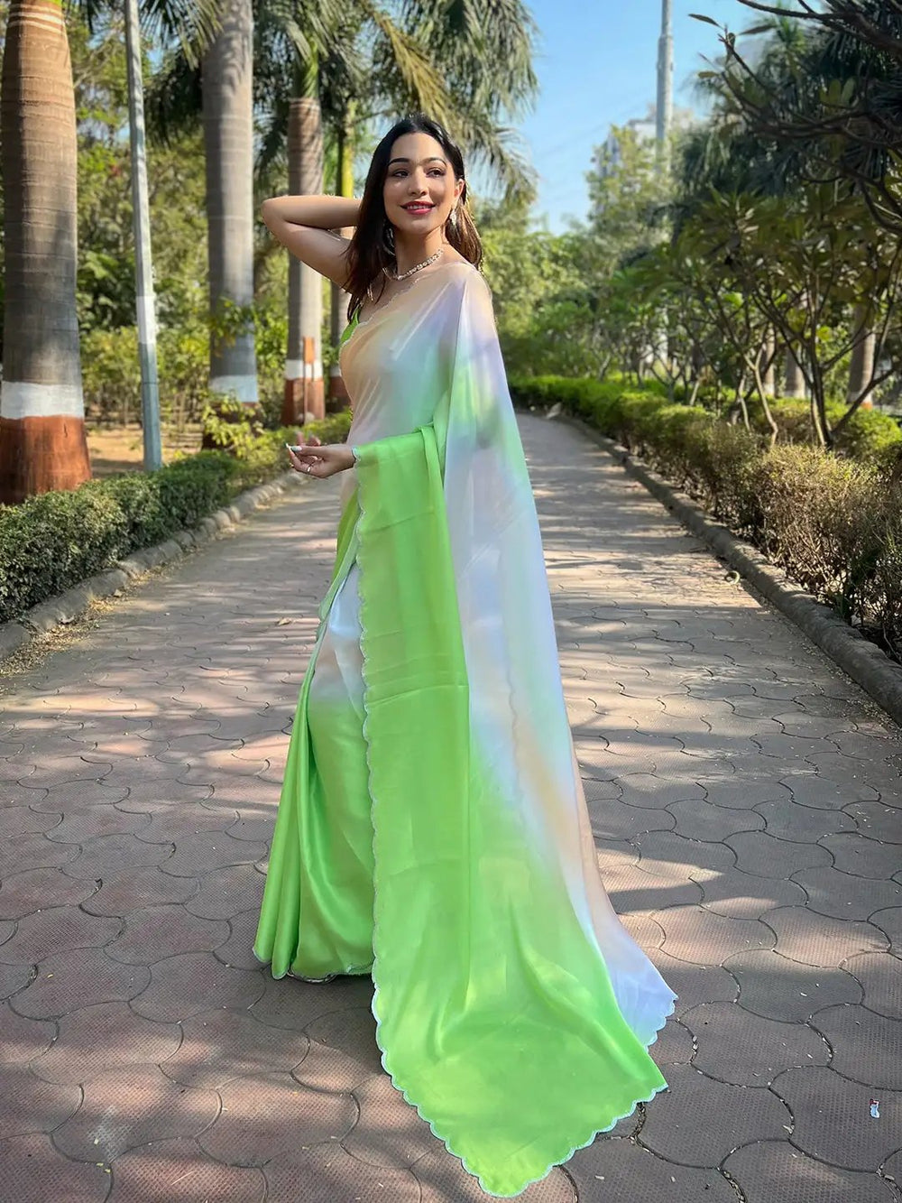 Pastel Green & White Ombre Organza Saree with Scallop Border