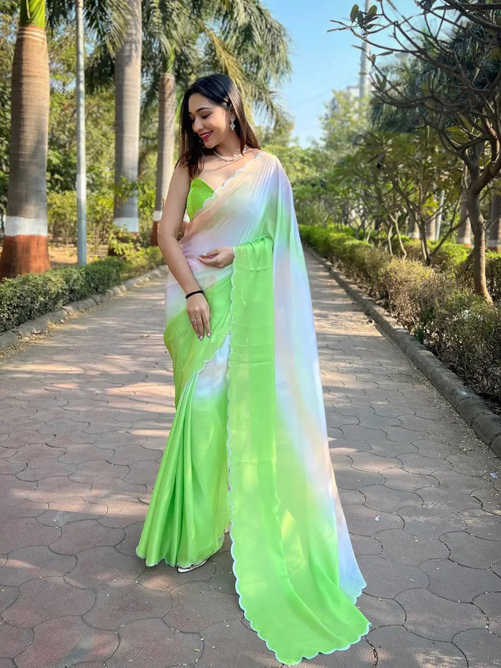 Pastel Green & White Ombre Organza Saree with Scallop Border