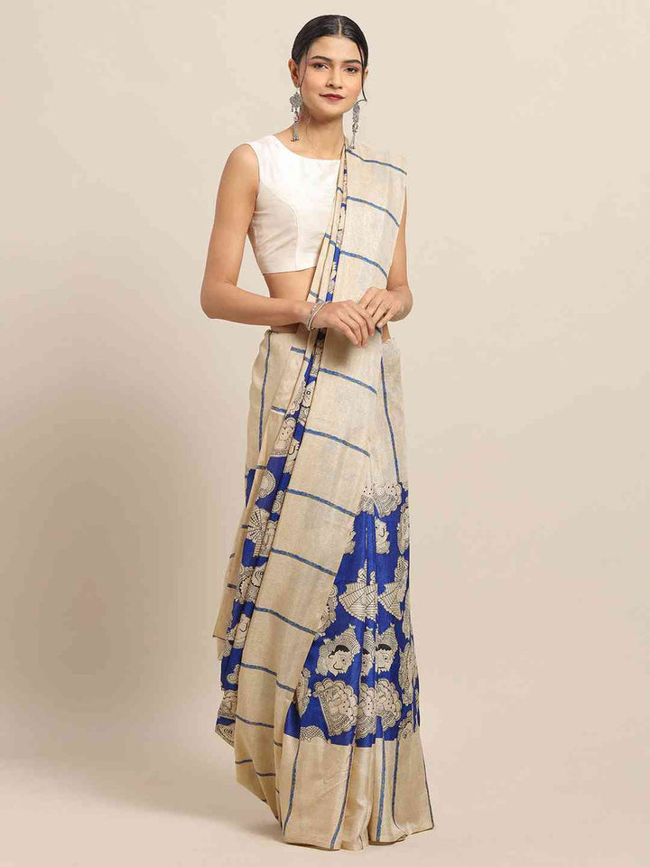 Beige & Royal Blue Linen Silk Saree with Checked Pattern and Traditional Woven Motifs