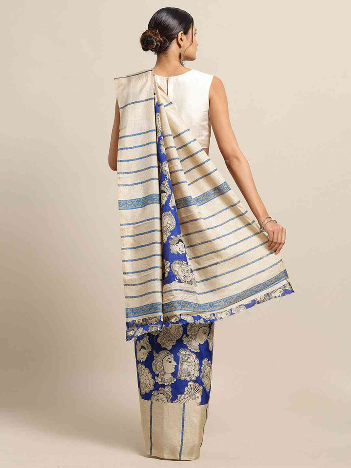 Beige & Royal Blue Linen Silk Saree with Checked Pattern and Traditional Woven Motifs
