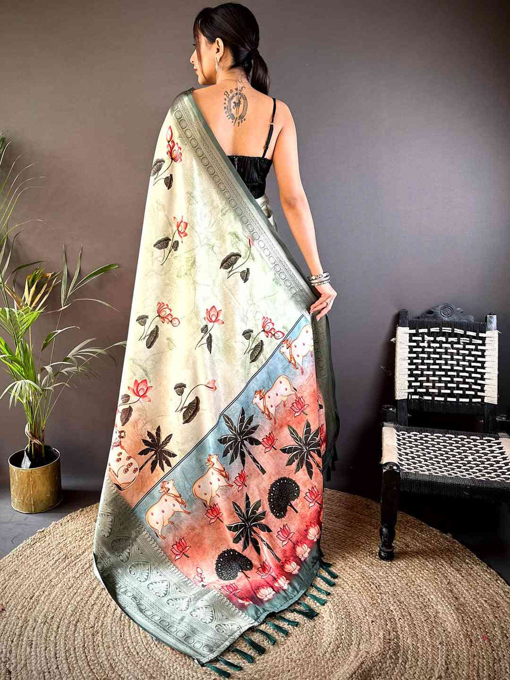 Sage Green Printed Silk Saree with Woven Zari Border & Artistic Pallu