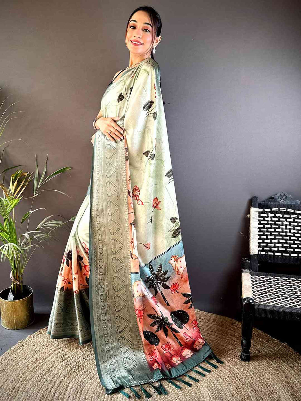 Sage Green Printed Silk Saree with Woven Zari Border & Artistic Pallu
