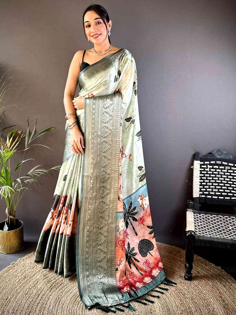 Sage Green Printed Silk Saree with Woven Zari Border & Artistic Pallu