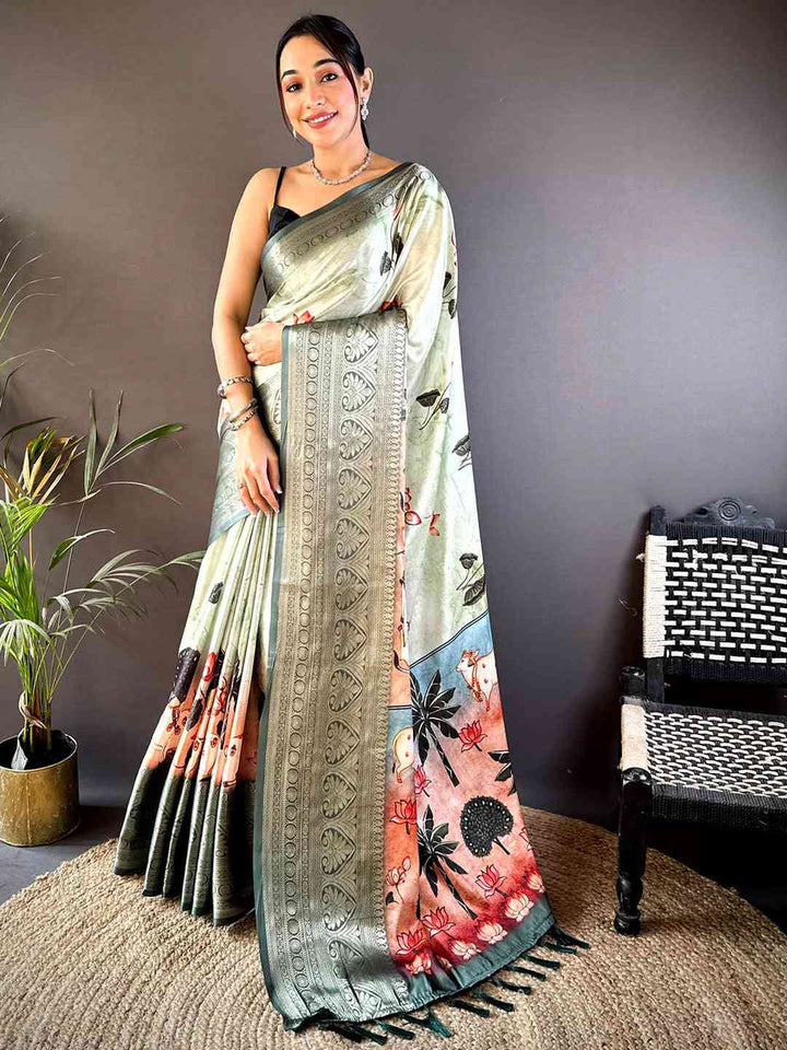 Sage Green Printed Silk Saree with Woven Zari Border & Artistic Pallu