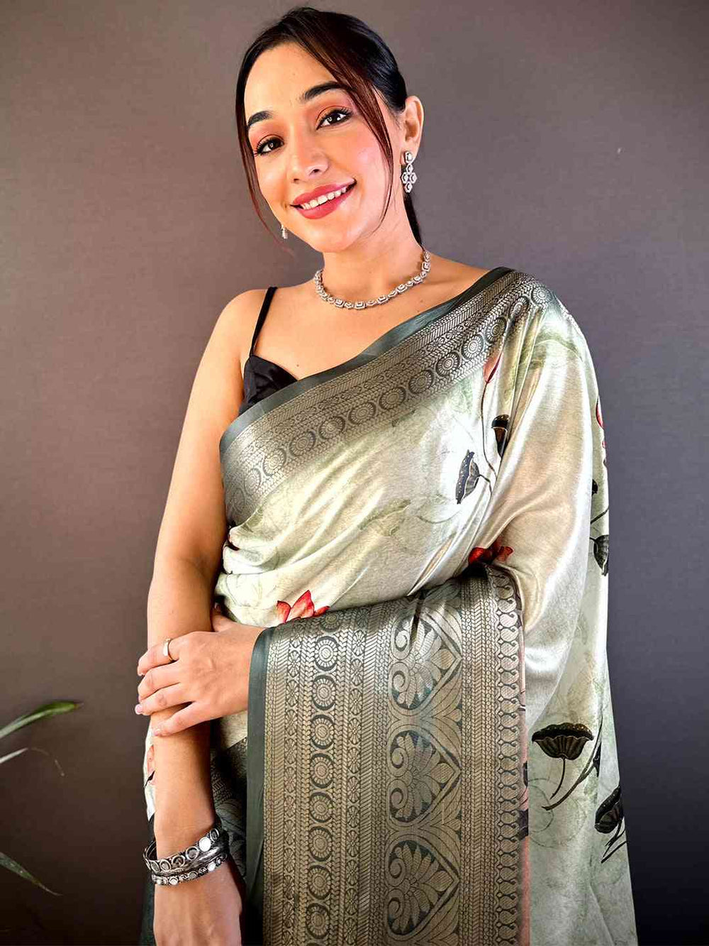 Sage Green Printed Silk Saree with Woven Zari Border & Artistic Pallu