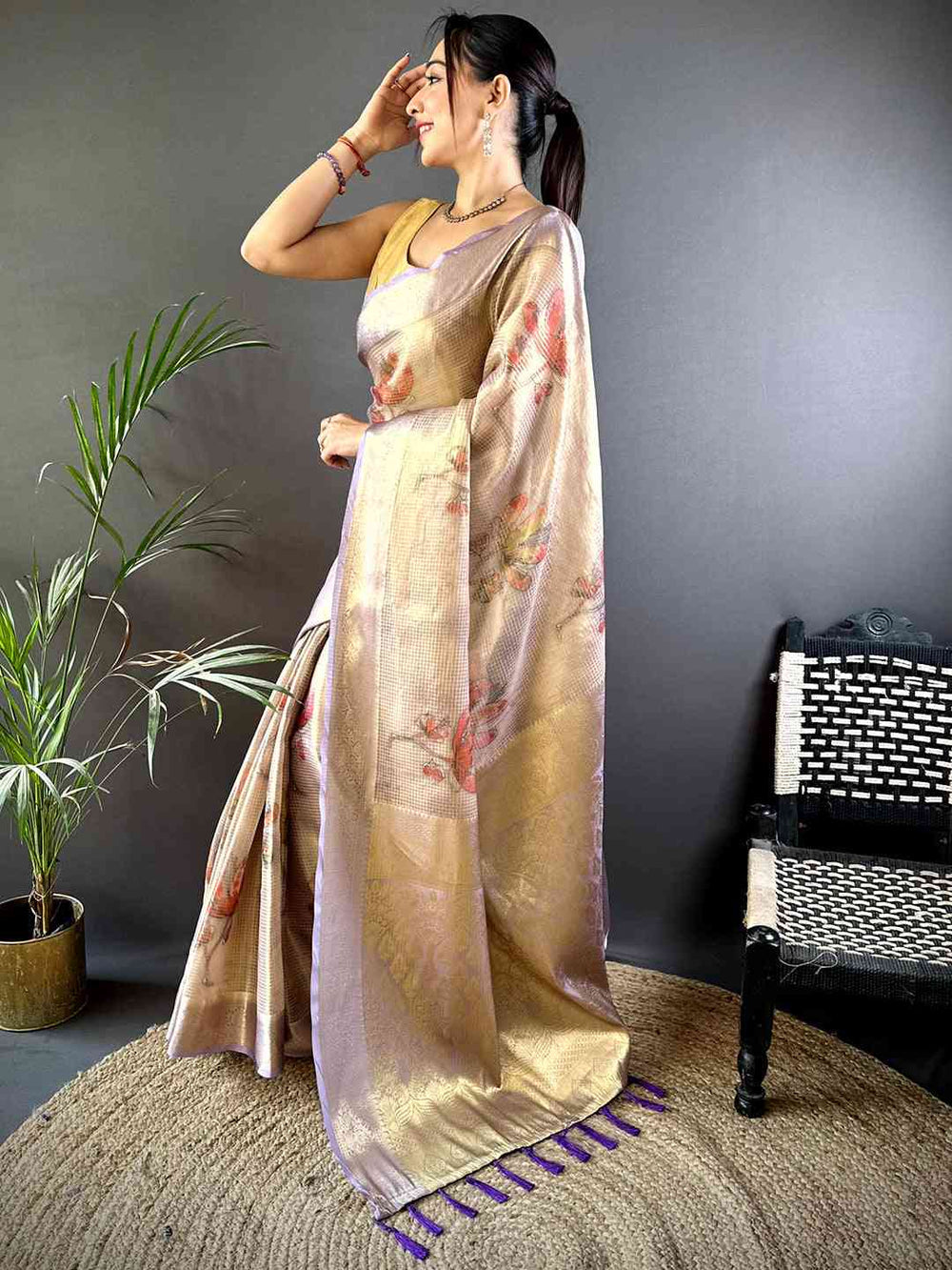 Beige Banarasi Silk Saree with Subtle Floral Print & Lavender Zari Border