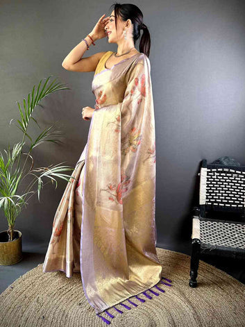 Beige Banarasi Silk Saree with Subtle Floral Print & Lavender Zari Border