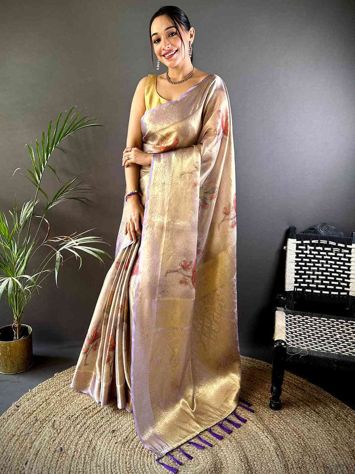Beige Banarasi Silk Saree with Subtle Floral Print & Lavender Zari Border