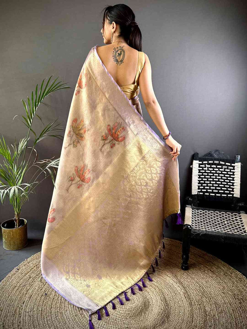 Beige Banarasi Silk Saree with Subtle Floral Print & Lavender Zari Border