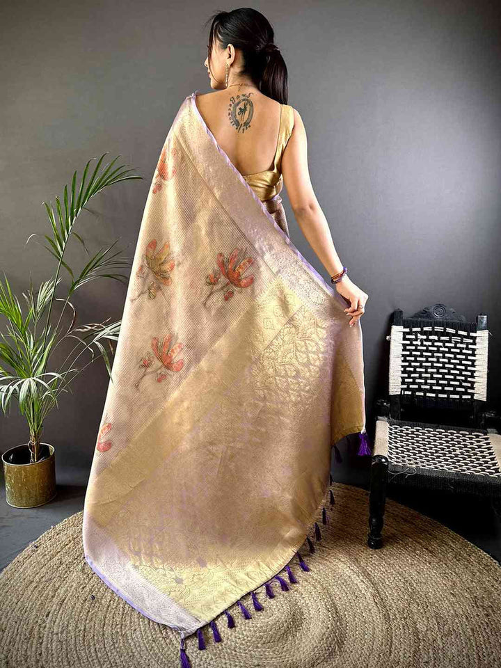 Beige Banarasi Silk Saree with Subtle Floral Print & Lavender Zari Border