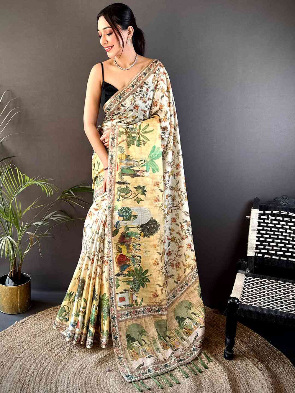 Cream Printed Silk Saree with Ethnic Village Scene Pallu & Designer Border
