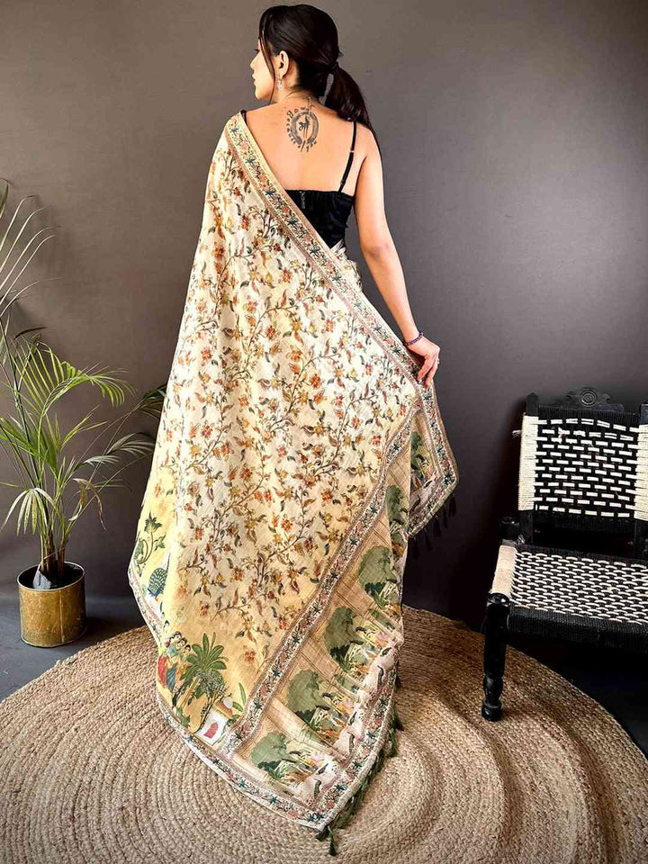 Cream Printed Silk Saree with Ethnic Village Scene Pallu & Designer Border