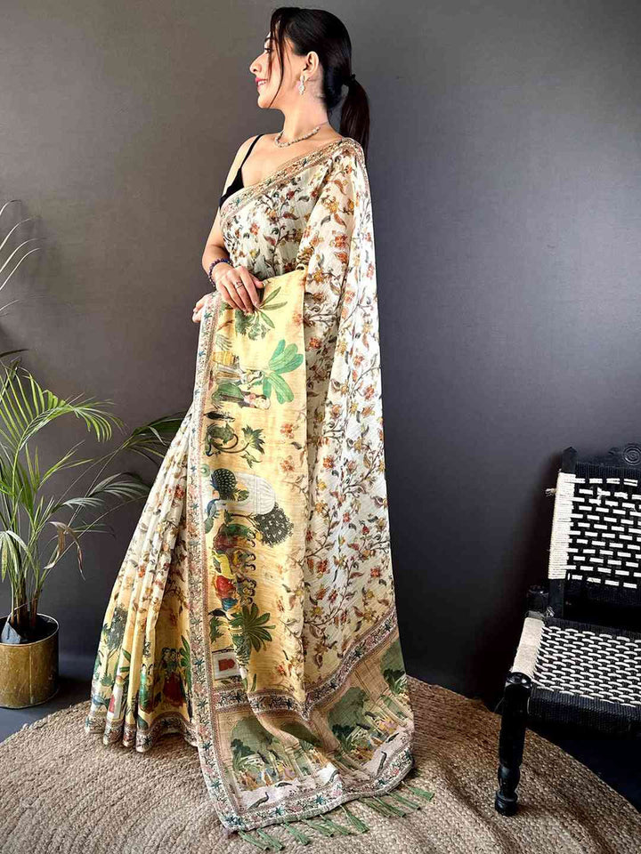 Cream Printed Silk Saree with Ethnic Village Scene Pallu & Designer Border