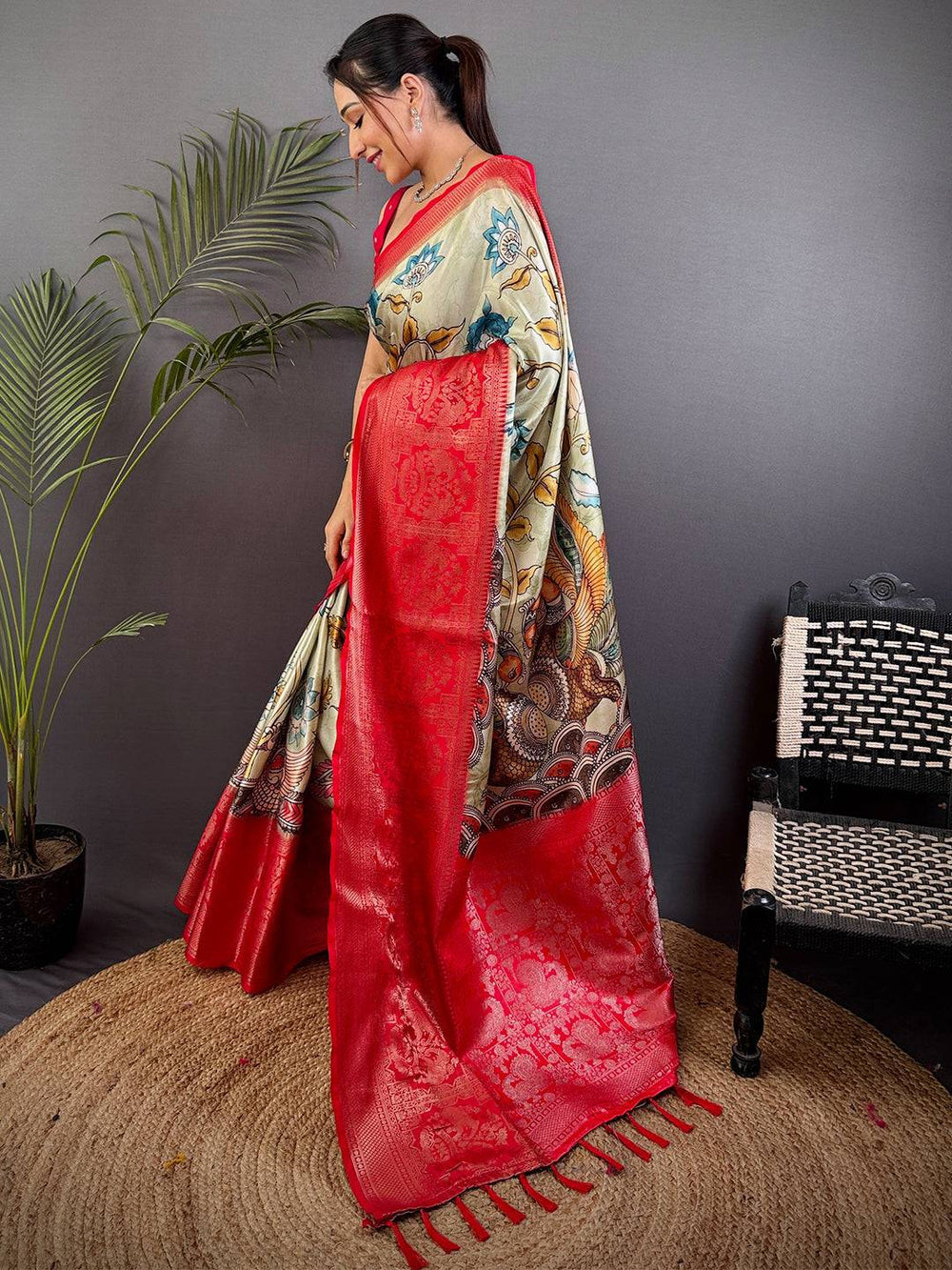 Red Banarasi Silk Saree with Artistic Printed Body & Rich Zari Pallu