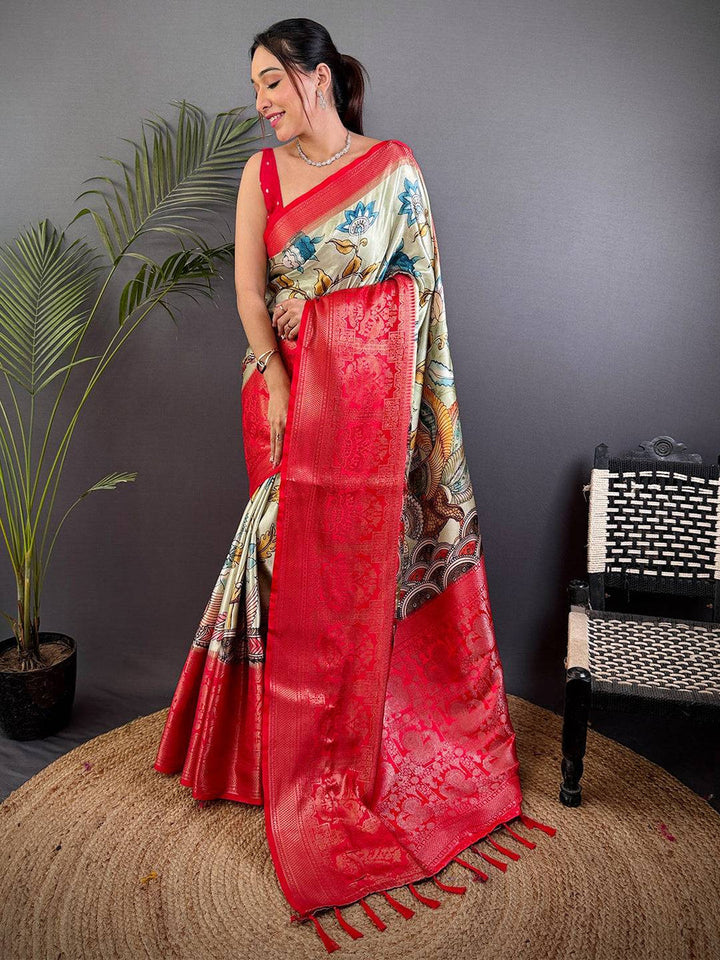 Red Banarasi Silk Saree with Artistic Printed Body & Rich Zari Pallu