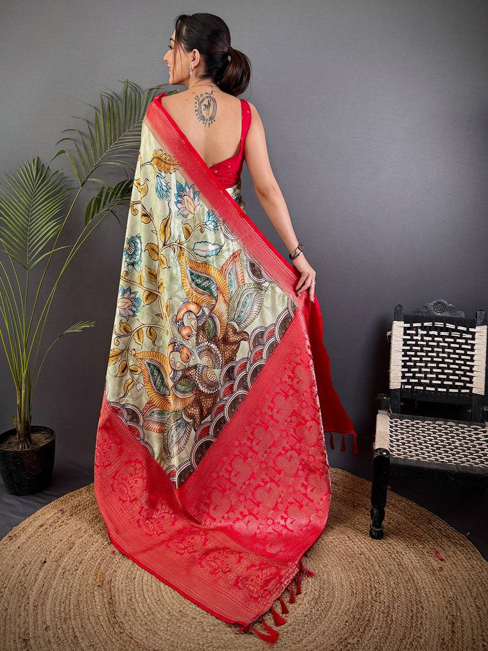 Red Banarasi Silk Saree with Artistic Printed Body & Rich Zari Pallu