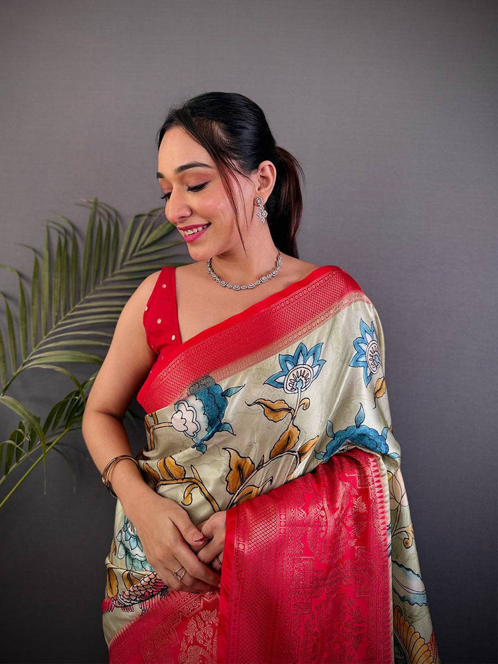Red Banarasi Silk Saree with Artistic Printed Body & Rich Zari Pallu