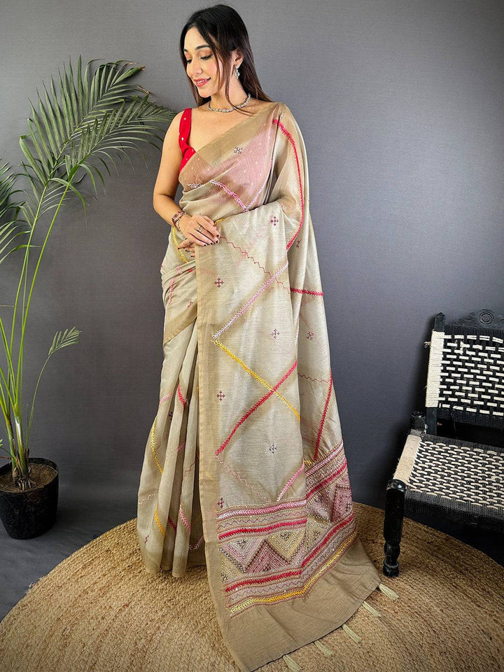 Beige Linen Silk Saree with Multicolor Thread Embroidery & Geometric Pallu