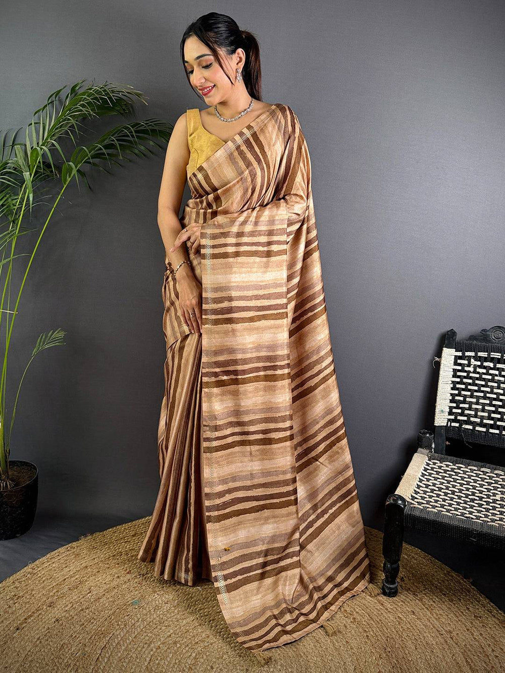 Brown Linen Silk Saree with Handpaint-Style Striped Pattern