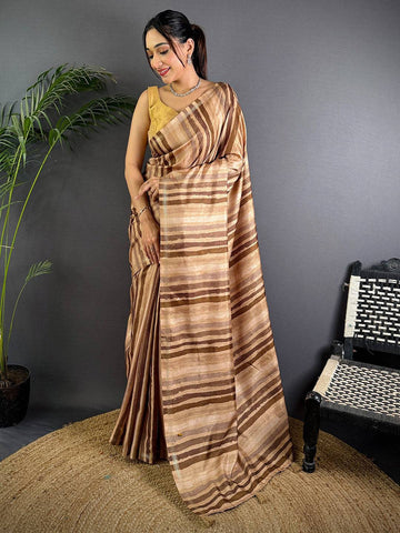 Brown Linen Silk Saree with Handpaint-Style Striped Pattern