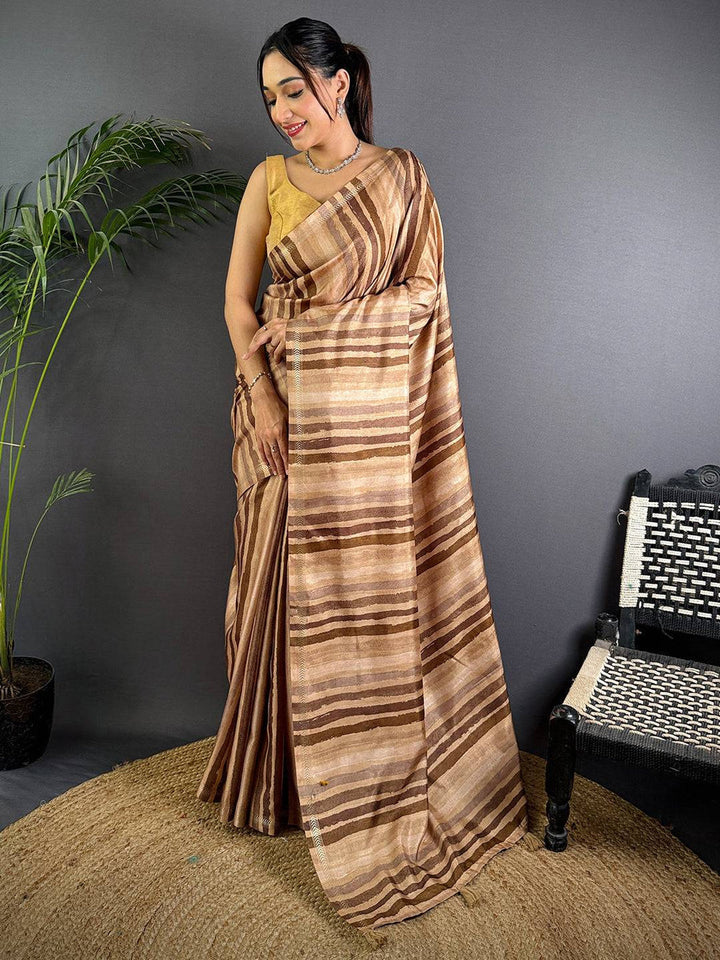 Brown Linen Silk Saree with Handpaint-Style Striped Pattern