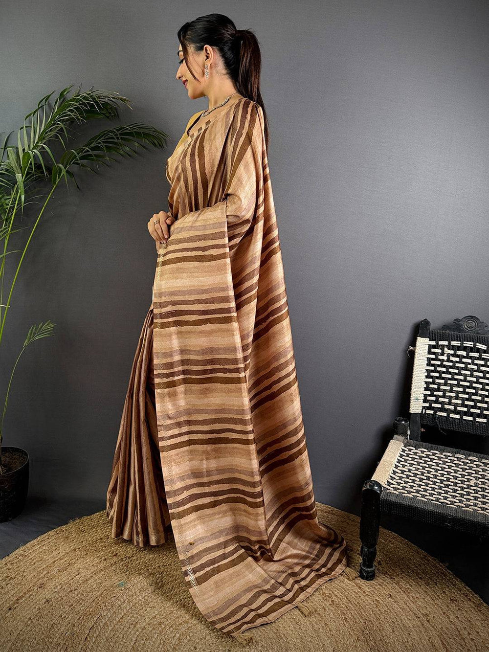 Brown Linen Silk Saree with Handpaint-Style Striped Pattern