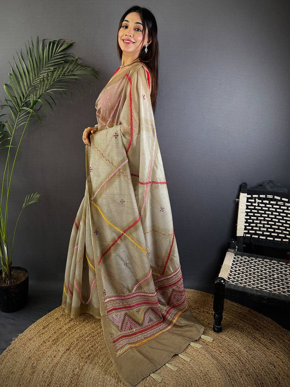 Beige Linen Silk Saree with Multicolor Thread Embroidery & Geometric Pallu