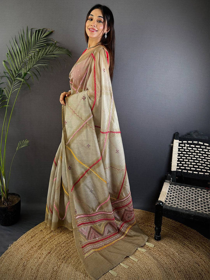 Beige Linen Silk Saree with Multicolor Thread Embroidery & Geometric Pallu