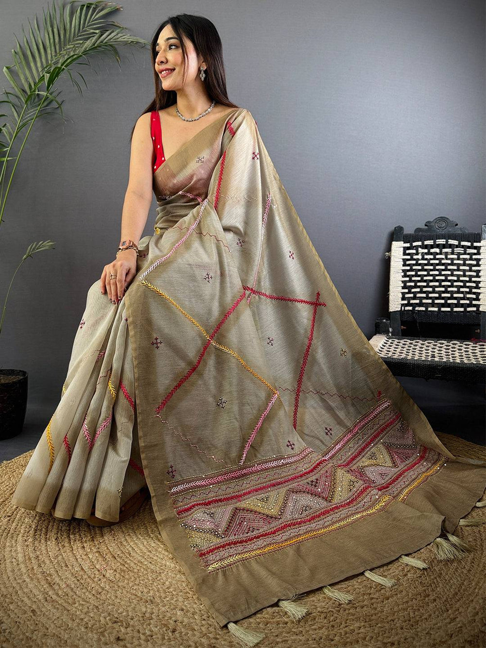 Beige Linen Silk Saree with Multicolor Thread Embroidery & Geometric Pallu