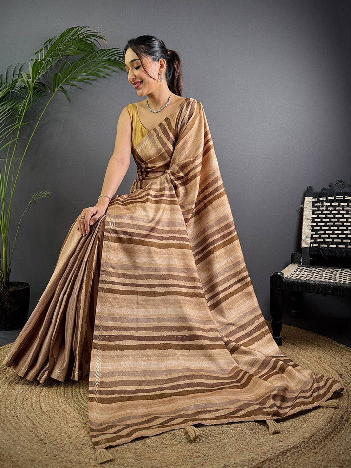 Brown Linen Silk Saree with Handpaint-Style Striped Pattern