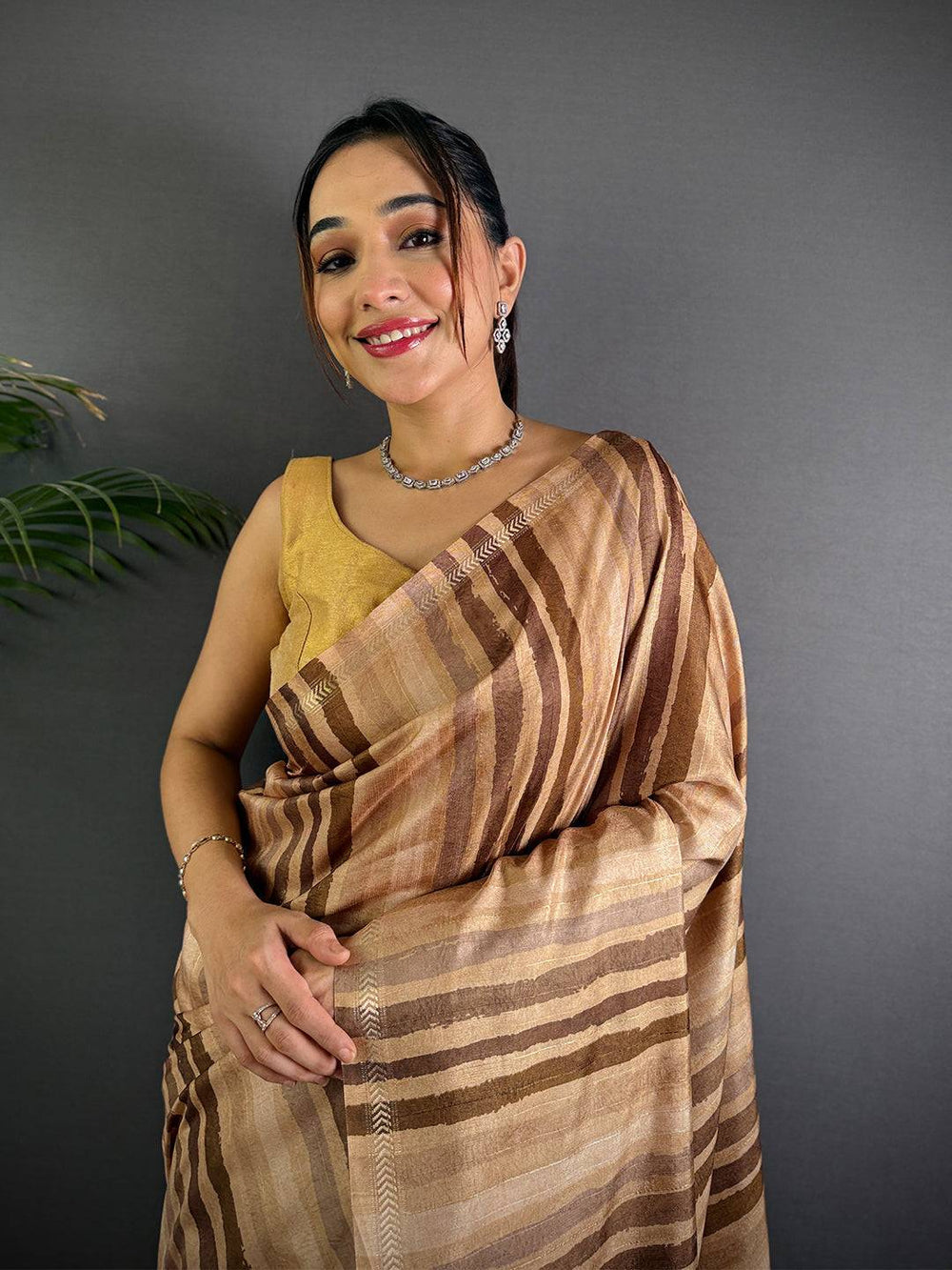 Brown Linen Silk Saree with Handpaint-Style Striped Pattern