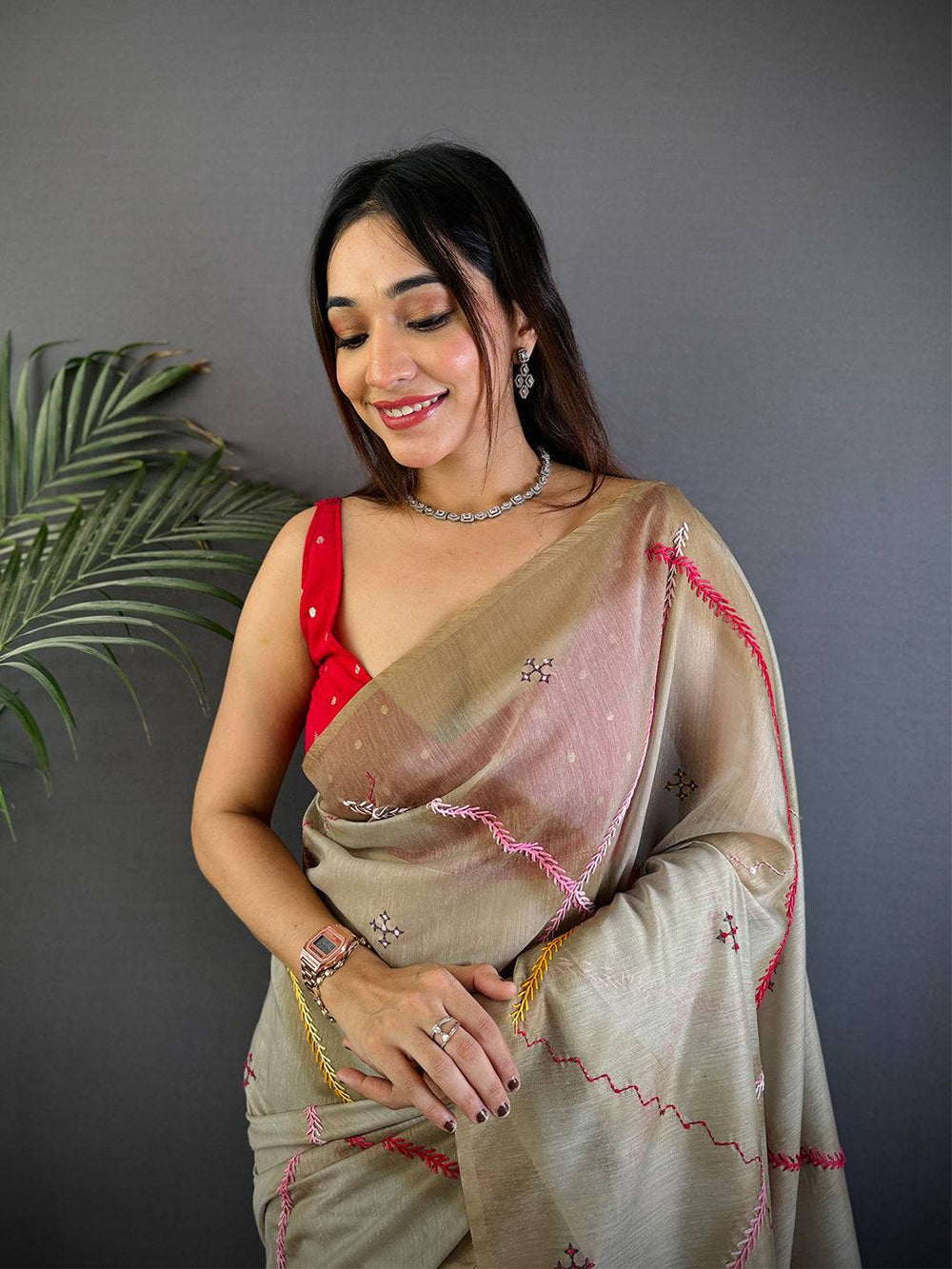 Beige Linen Silk Saree with Multicolor Thread Embroidery & Geometric Pallu