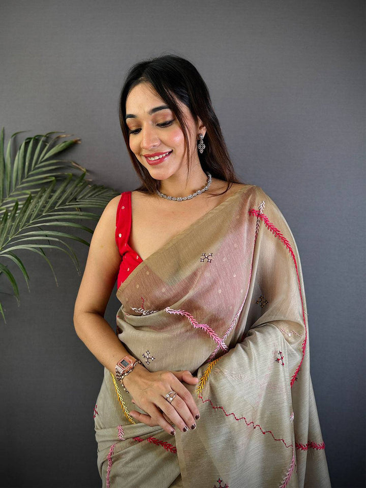 Beige Linen Silk Saree with Multicolor Thread Embroidery & Geometric Pallu