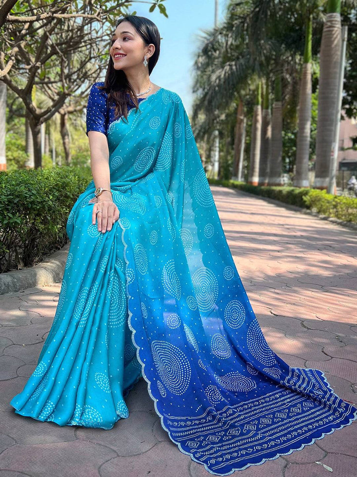 Blue Ombre Bandhani Print Georgette Saree for Women