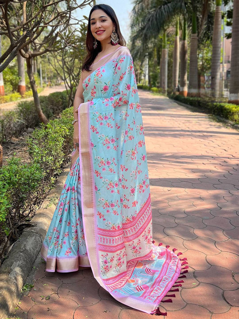 Pastel Blue Floral Printed Linen Saree with Pink Border & Tassels
