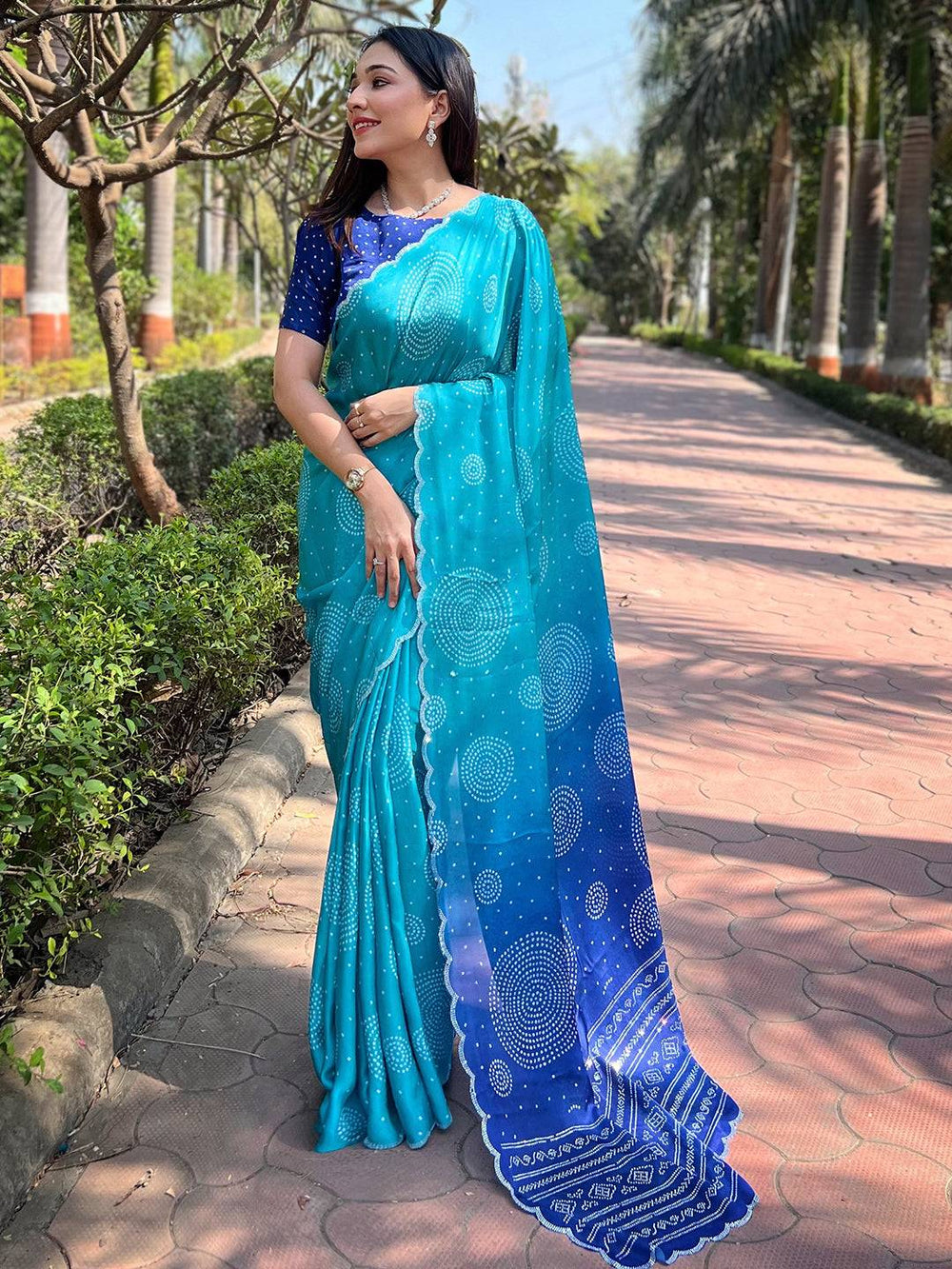 Blue Ombre Bandhani Print Georgette Saree for Women