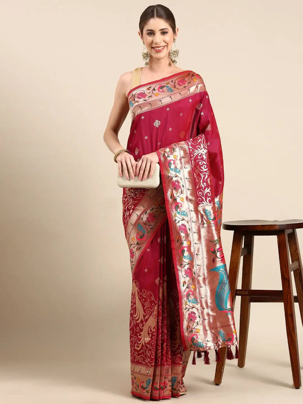 Maroon Soft Silk Saree with Peacock Weaving & Gold Zari Border