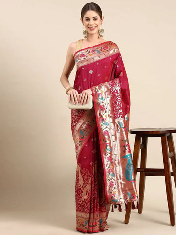 Maroon Soft Silk Saree with Peacock Weaving & Gold Zari Border